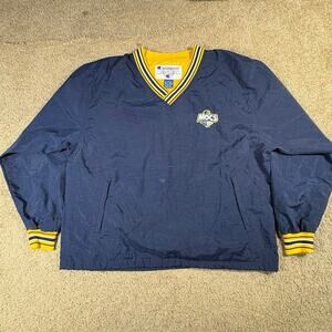 VTG Champion Mocs Pullover Windbreaker Jacket Navy Blue Yellow Striped Trim Sz L